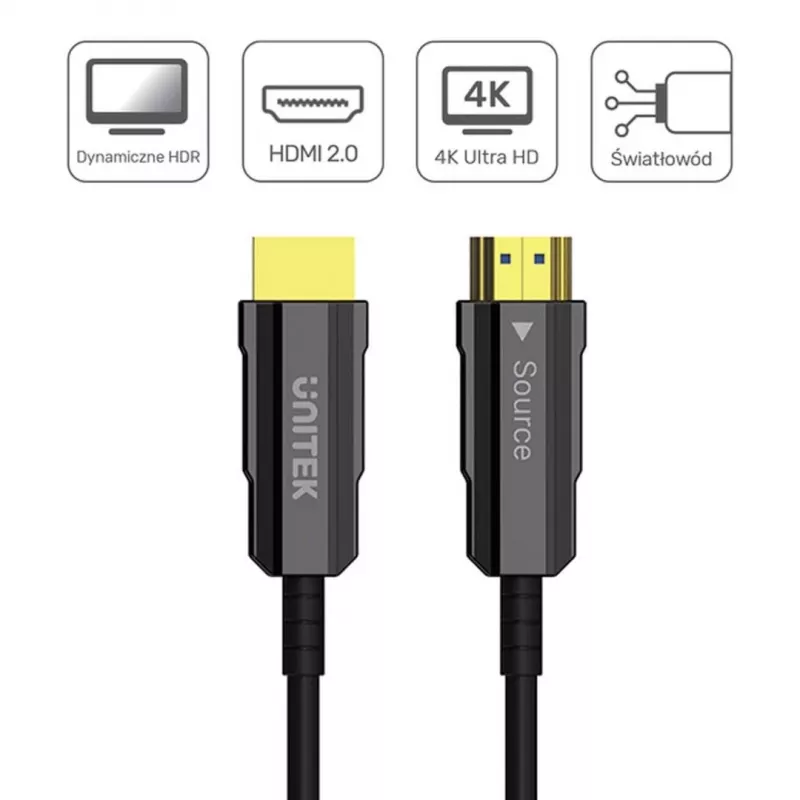 Cable HDMI óptico Unitek C11092ASL01 4K 60Hz (HDMI 2.0, 20 m, conector macho–conector macho, negro)