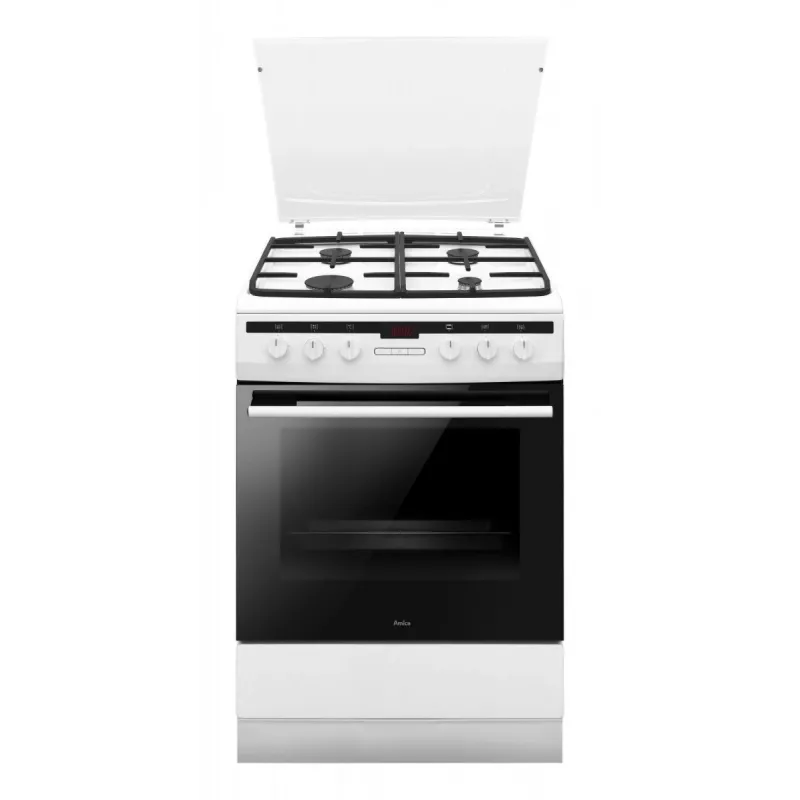 Cocina independiente AMICA 617GEH3.33HZpTaDpA(W) PIZZA — placa de gas 4 zonas, horno eléctrico 65 L, temporizador electrónico, blanca