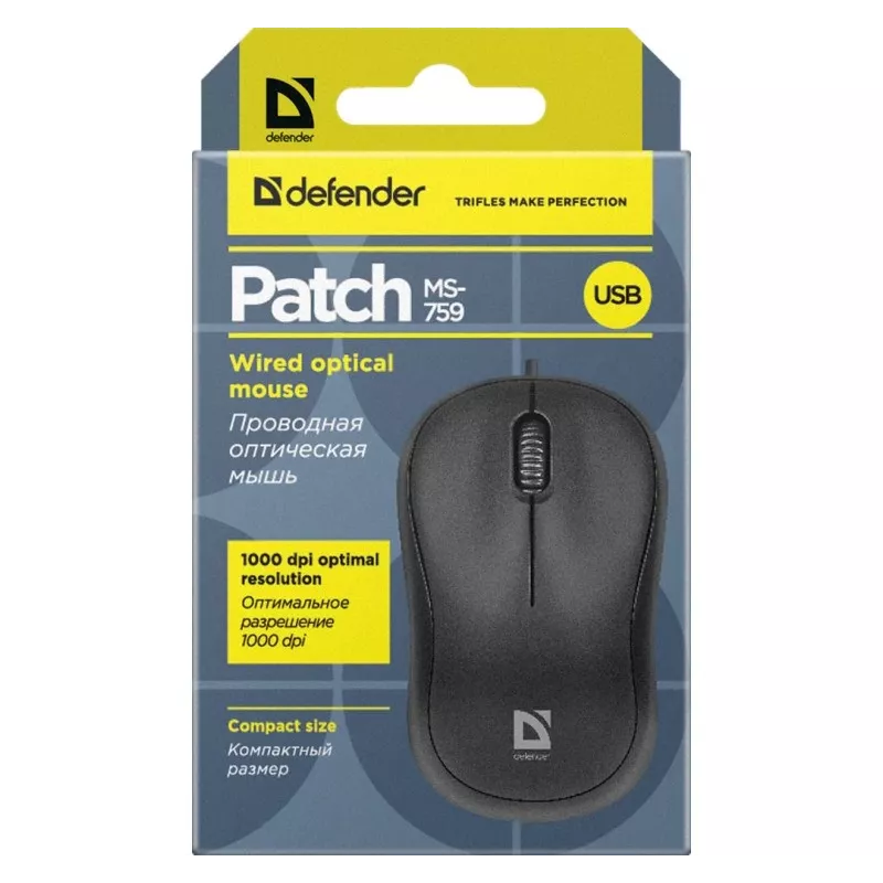 Ratón óptico con cable DEFENDER PATCH MS-759 USB Type-A, ambidiestro, 1000 DPI, negro