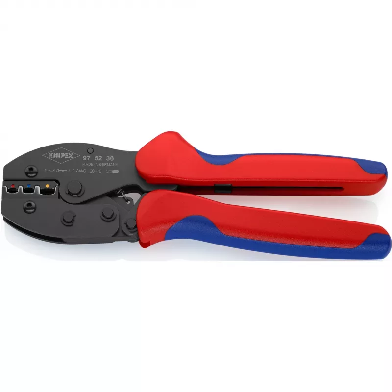 Knipex 97 52 36 PreciForce alicate de crimpado 220 mm, 0,5–6,0 mm², 3 cavidades de crimpado, rojo/azul