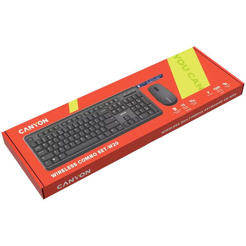 Conjunto de teclado y ratón inalámbrico CANYON CNS-HSETW02-UK/US negro Velvet — conjunto combo inalámbrico compacto con receptor USB