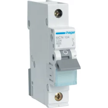 Hager MCN104. Número de polos: 1P. Frecuencia de entrada AC: 50/60, corriente de salida nominal: 4 A. Ancho: 17,5 mm, profundidad: 70 mm, altura: 83 mm (MCN104)
