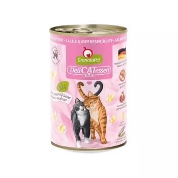 Comida húmeda para gatos Fox4Pets GranataPet DeliCATessen Salmón y marisco 400 g – sin cereales, alimento completo para gatos adultos