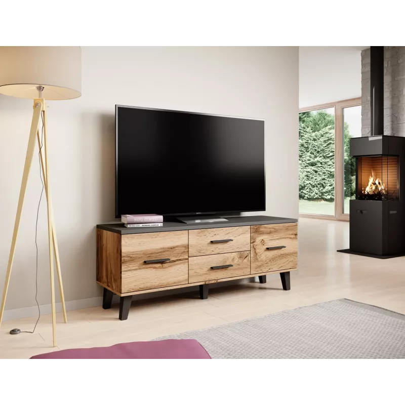Cama Meble LOTTA 140 cm mueble de TV, roble Wotan + negro mate