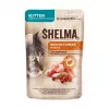 Comida húmeda para gatos SHELMA Kitten salmón y pavo en salsa 4×85 g sobres, sin cereales, alimento completo