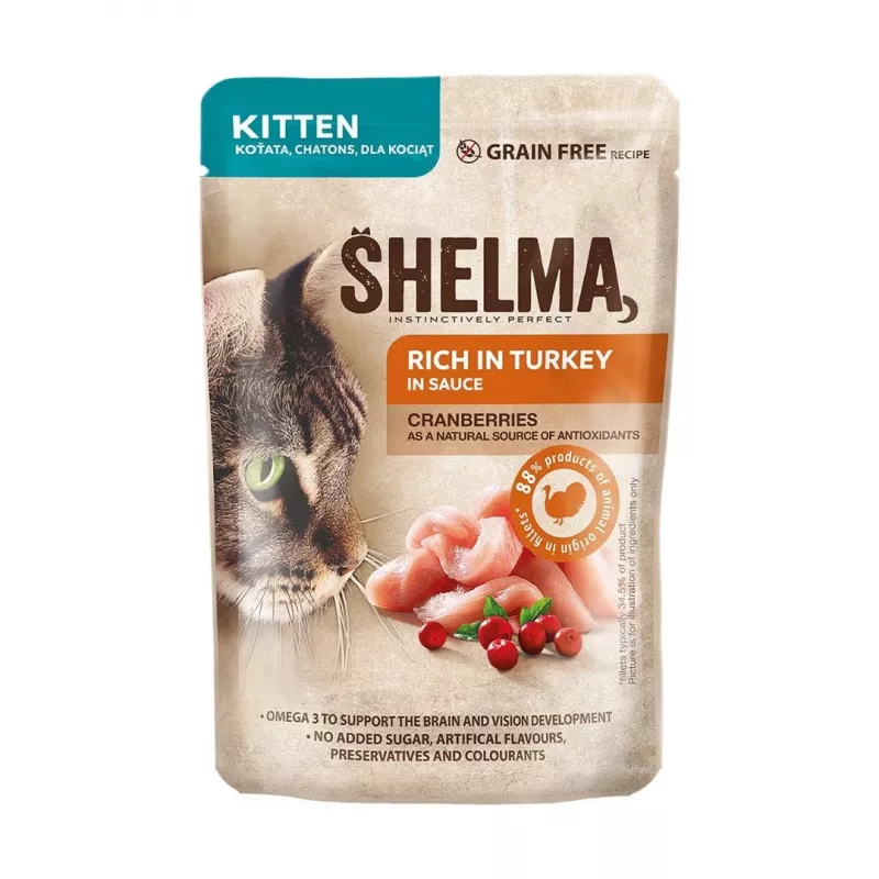 Comida húmeda para gatos SHELMA Kitten salmón y pavo en salsa 4×85 g sobres, sin cereales, alimento completo