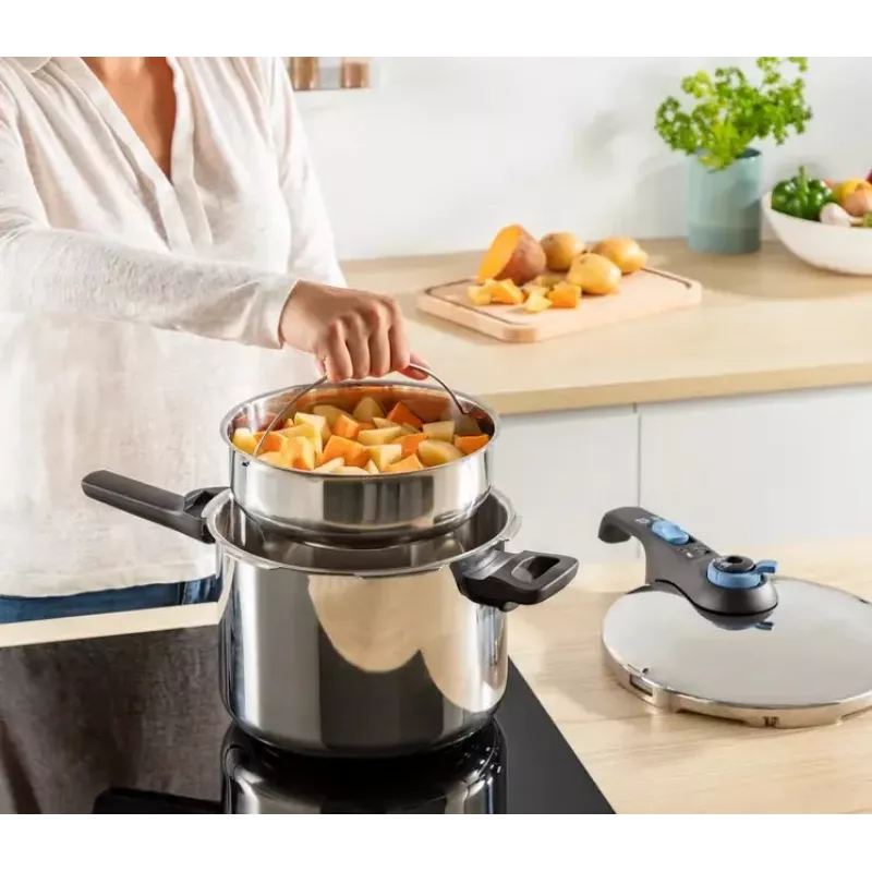 Olla a presión Tefal SECURE TRENDY 6L con cestillo de vapor de acero inoxidable, apta para inducción
