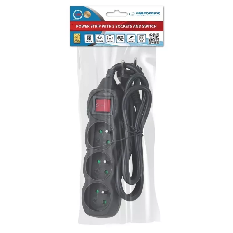 Alargador ESPERANZA ELK210K — cable 1,5 m, 3 tomas de corriente tipo E, conector en ángulo, interior, negro