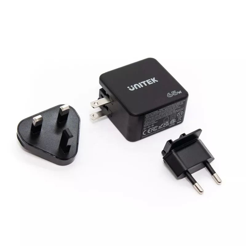 Unitek P1117B Cargador universal móvil USB-C PD 65W, 2x USB‑C PD + 1x USB‑A, Negro