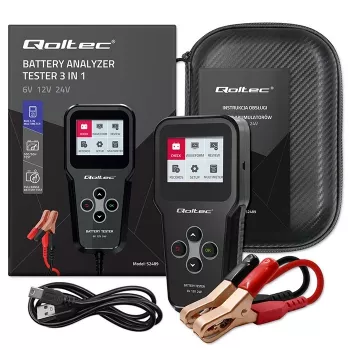 Qoltec 52489 Analizador y comprobador digital de baterías 3-en-1 con LCD y multilingüe 6V | 12V | 24V | 30Ah-200Ah