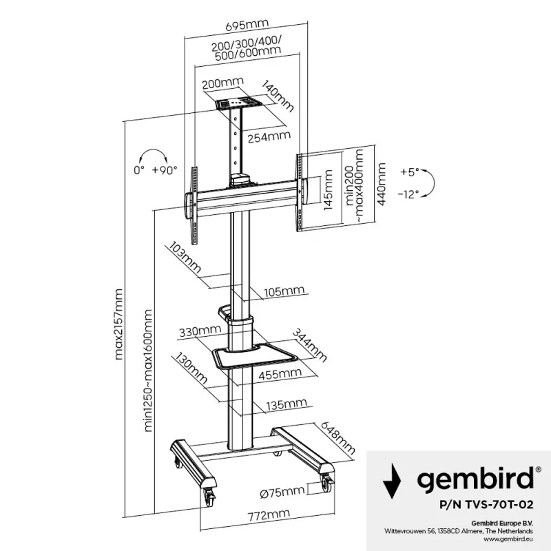 Soporte de TV de suelo Gembird TVS-70T-02 para pantallas de 37 inch-70 inch, máx. 70 kg, VESA 200x200-600x400, inclinable ±5°/-12°, altura ajustable, ruedas, gestión de cables