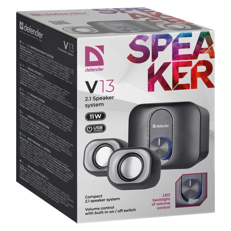 Altavoces de escritorio 2.1 DEFENDER V13 — 11 W RMS (6 W satélites, 5 W subwoofer), alimentación USB, entrada de 3,5 mm, negro