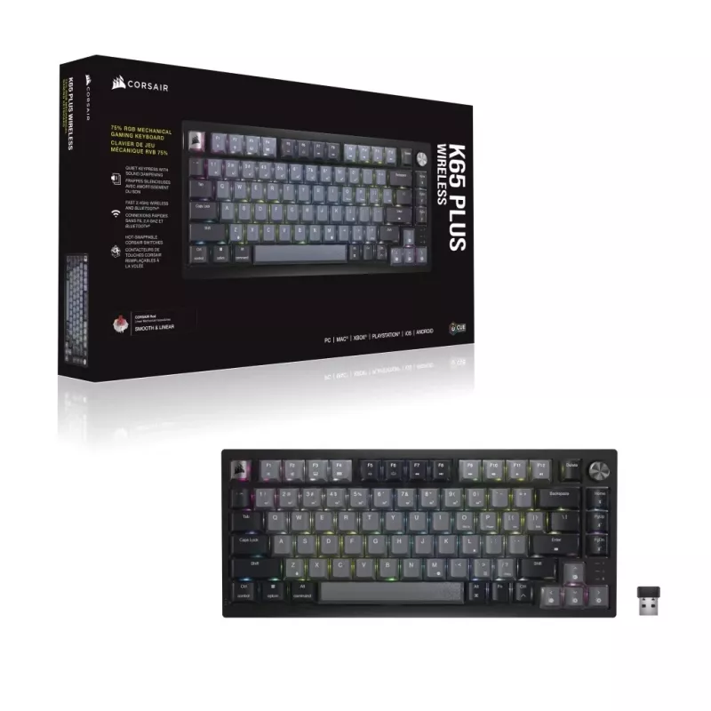 Teclado gaming inalámbrico Corsair K65 Plus Wireless 75% RGB, MLX Red - Negro, gris