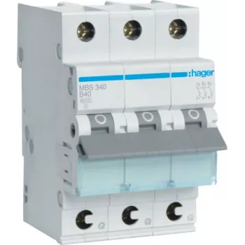 Hager MBS340. Corriente nominal: 40 A. Tipo: característica B, número de módulos (máx.): 3 módulos. Ancho: 52,5 mm, profundidad: 70 mm, alto: 83,4 mm (MBS340)