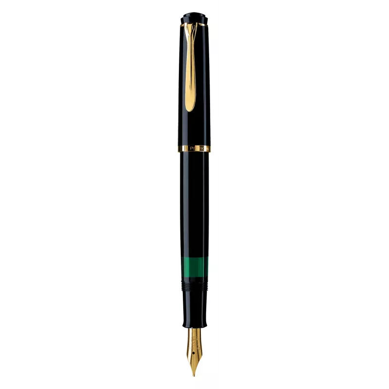 Pelikan M200, negro, oro, sistema de carga integrado, resina, oro, plumín itálico, oro, acero inoxidable