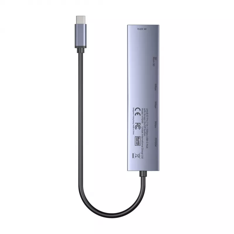 Hub USB-C Unitek H1124AGY01 con 100W PD, HDMI 2.0, 2x USB‑A, 2x USB‑C, lector de tarjetas SD/microSD — aluminio