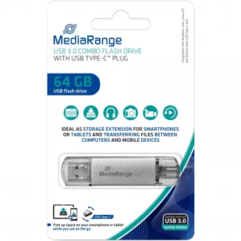 Memoria USB combo 64 GB, unidad flash USB Plata/transparente, USB-A 3.2 Gen 1, USB-C 3.2 Gen 1