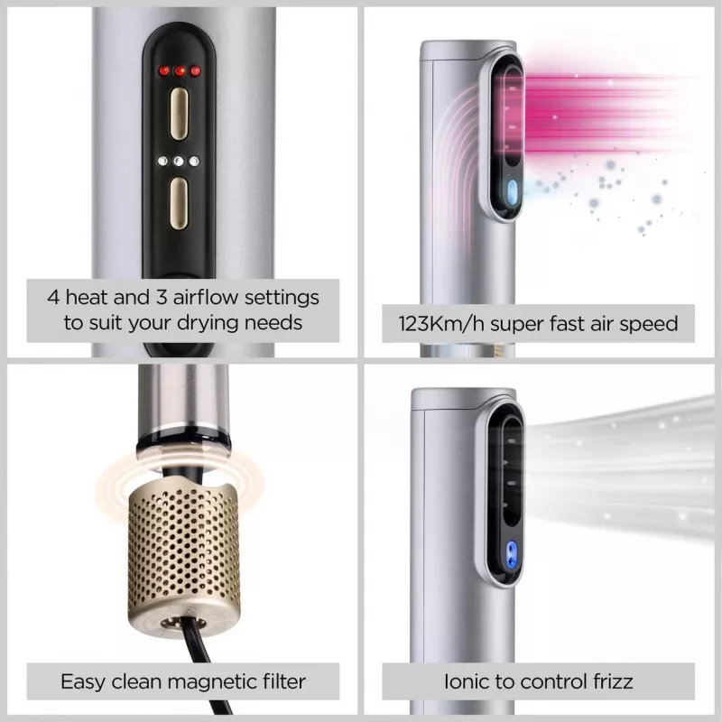 Set de estilismo BABYLISS AS6555E — tecnología Airflow, 4 niveles de calor, cable de 2,5 m, plateado/oro
