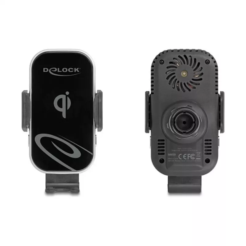 Soporte activo para coche DELOCK 66939 para teléfonos móviles — soporte con ventosa, negro/gris, compatible con carga inalámbrica