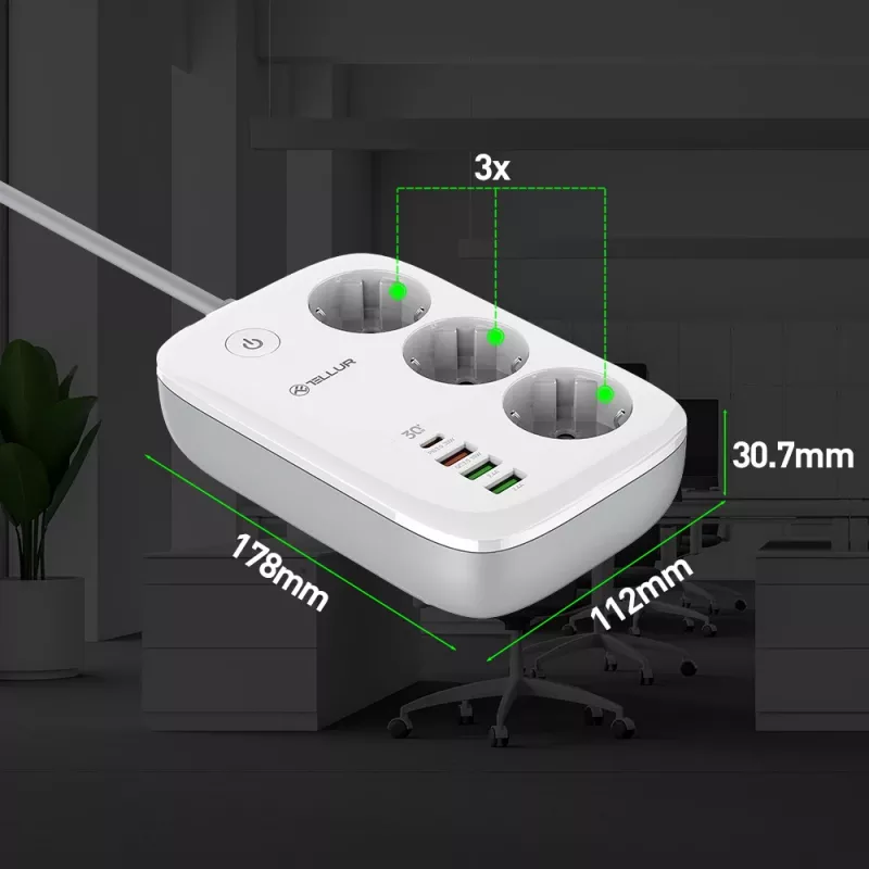 Regleta Tellur TLL331521 regleta inteligente WiFi con 3 tomas, PD 30W, QC 18W