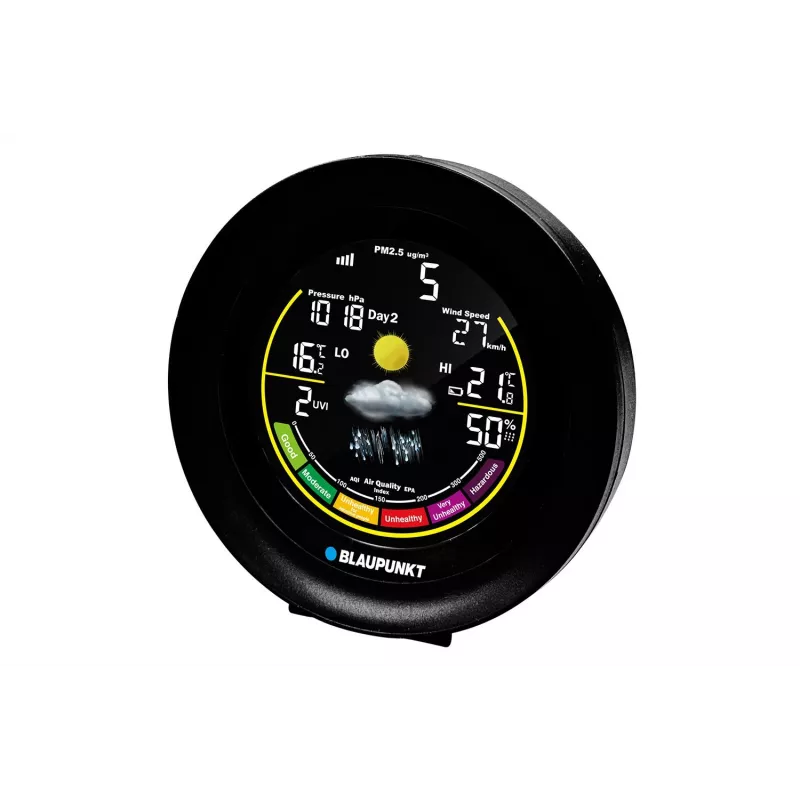 Estación meteorológica BLAUPUNKT WS35BK APP – pantalla LCD, temperatura y humedad, alarma, calendario, conectividad por app, 94×94×27 mm