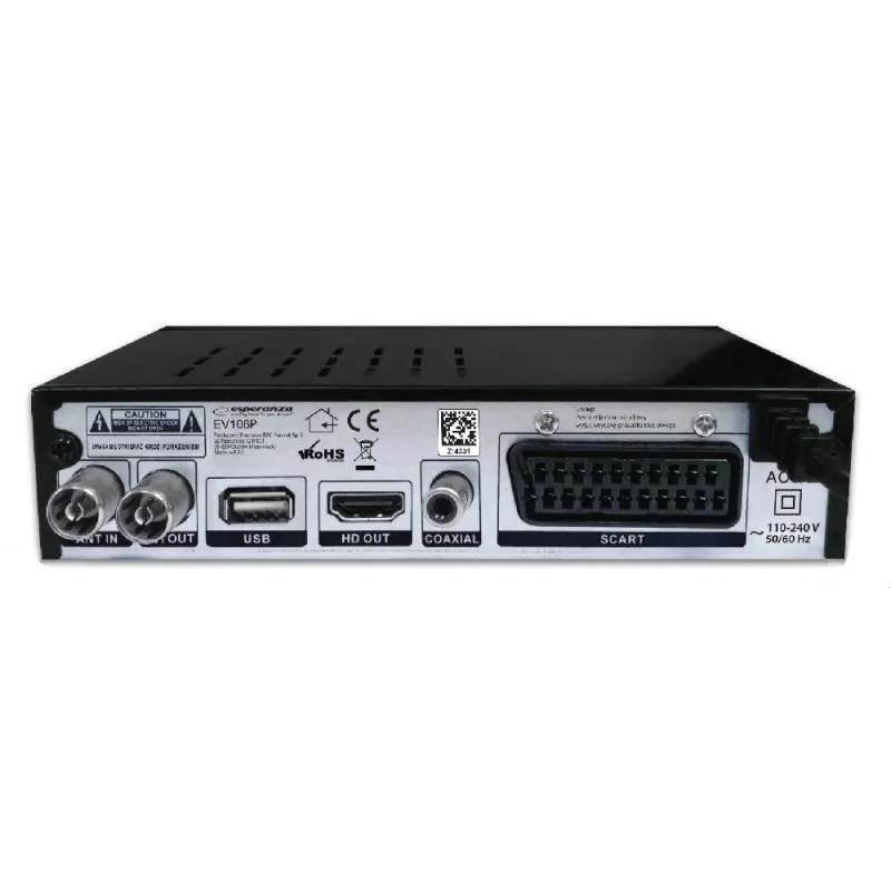 Receptor de sobremesa ESPERANZA EV106R Sintonizador por cable DVB-T2 / DVB-C HEVC H.265, HDMI, USB, PVR, Dolby Digital, 174–790 MHz, negro