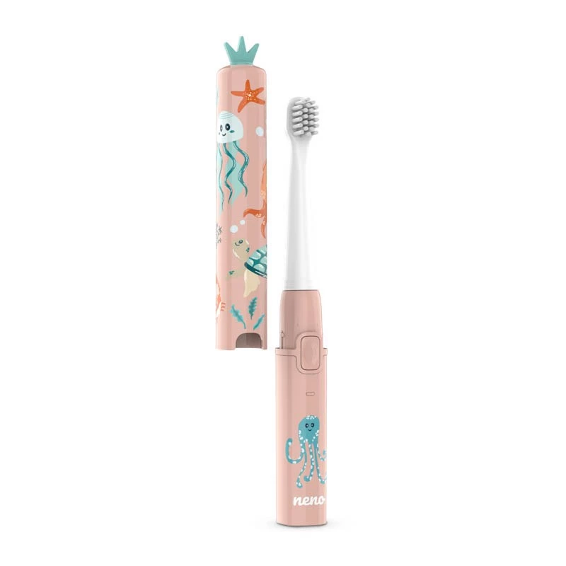 Cepillo de dientes eléctrico infantil neno Pulito Coral — vibratorio, cabezal adaptado a niños, 2 modos, 2 cabezales, batería de Li-Ion recargable