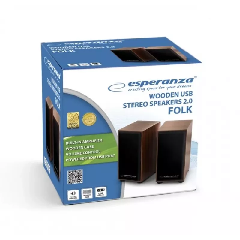 Altavoces ESPERANZA EP122 2.0 de sobremesa con cable, 2×6 W RMS, carcasa de madera, control de volumen giratorio, 60–20000 Hz