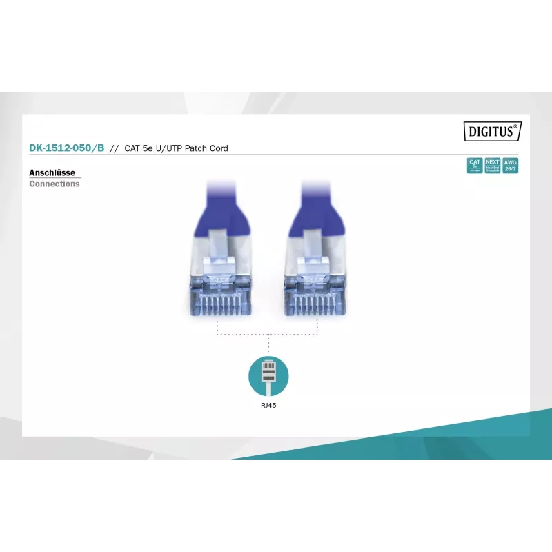 Latiguillo de red DIGITUS Digitus CAT 5e U/UTP, 5 m, U/UTP, RJ-45 – azul