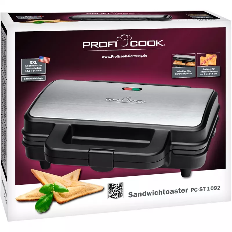 ProfiCook PC-ST 1092 - Sandwichera - 900 W - Acero inoxidable/Negro