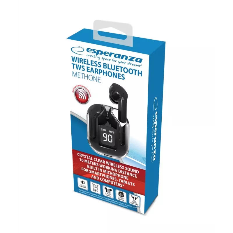 Auriculares inalámbricos in-ear ESPERANZA EH238K — Bluetooth 5.3, 2,4 GHz, 10 m de alcance, batería 230 mAh, control táctil, negro