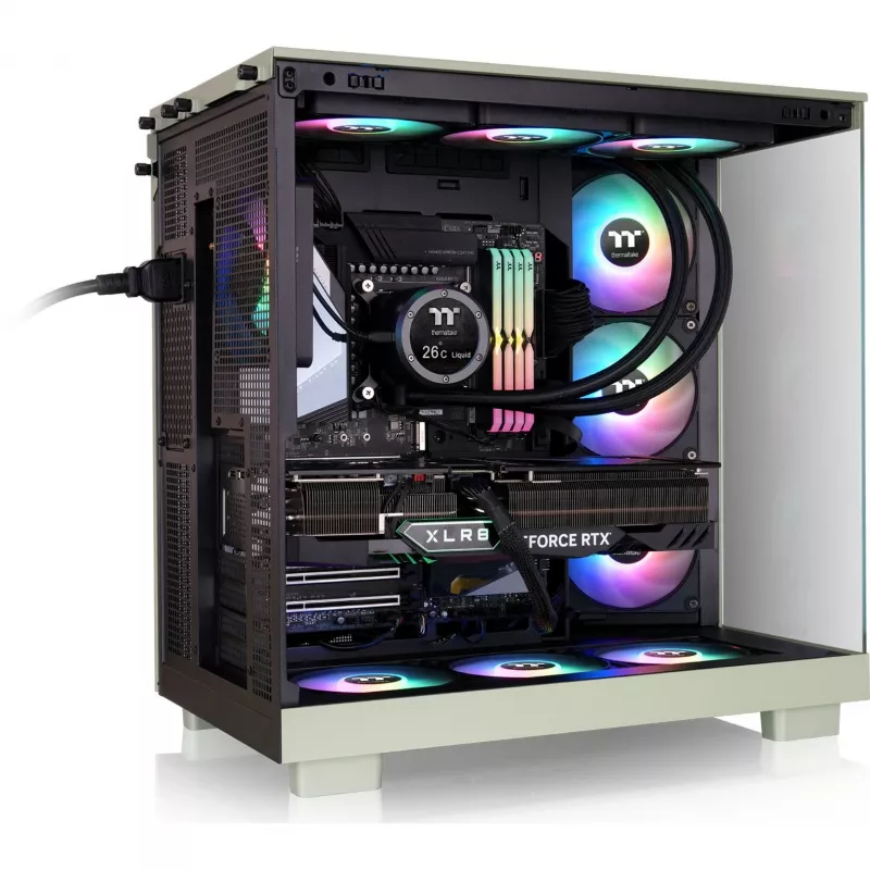 View 380 XL WS ARGB, caja torre verde claro/madera, cristal templado x 2, estructura de madera