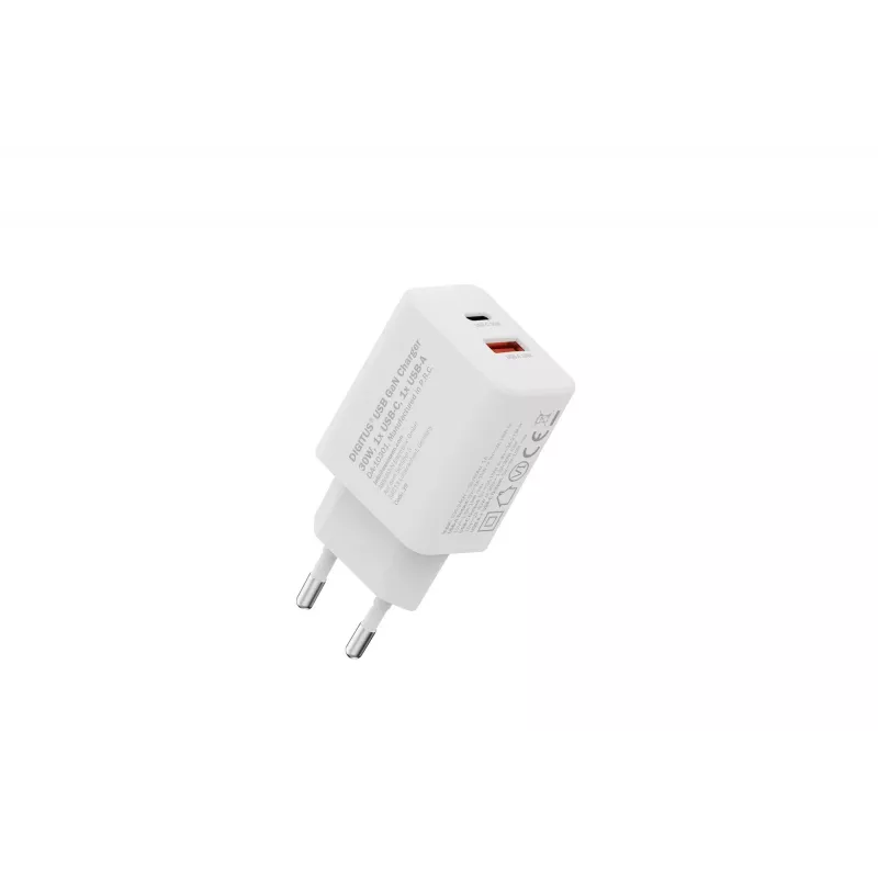 Cargador USB GaN de interior DIGITUS DA-10301 — 30W, 1× USB-C, 1× USB-A, 100–240V, blanco