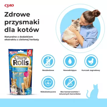 INABA Churu Rolls Receta de pollo envuelto de atún con receta de vieira - Snacks para gatos - 4x10 g