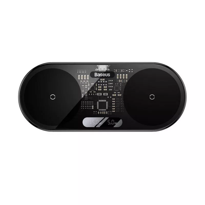 Cargador inalámbrico 2 en 1 20W con pantalla LED digital Baseus para auriculares negro