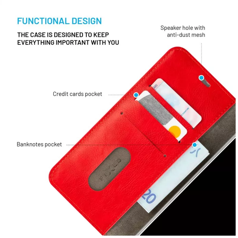 Funda de piel tipo libro FIXED para Samsung Galaxy A36 5G – rojo, protección frontal y trasera, aberturas precisas
