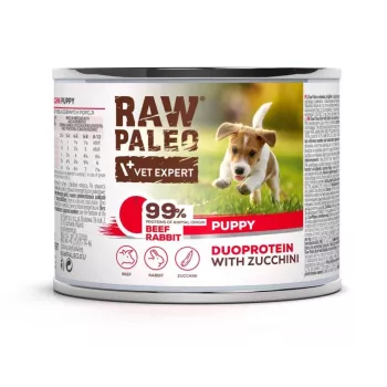 Comida húmeda para perros VETEXPERT RAW PALEO Duoprotein ternera y conejo cachorro 200 g, 82,1 % humedad, 9,8 % proteína, para perros jóvenes