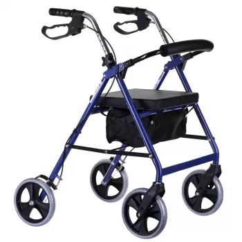 Andador de cuatro ruedas con asiento, azul/negro