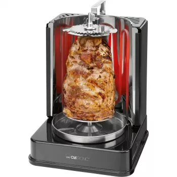 Multigrill eléctrico vertical CLATRONIC DVG 3686 — 1400 W, negro, asador giratorio y 6 brochetas