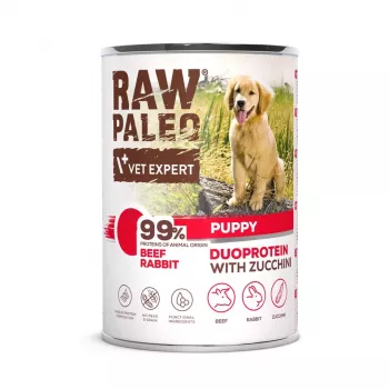 Comida húmeda para perros VETEXPERT RAW PALEO Duoprotein ternera y conejo cachorro 400 g, junior, sin cereales, sin gluten