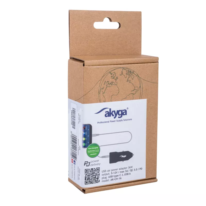 Cargador de coche 12/24V Akyga AK-CH-16 36W USB-A + USB-C PD Quick Charge 3.0 5-12V / 1,5-3A negro