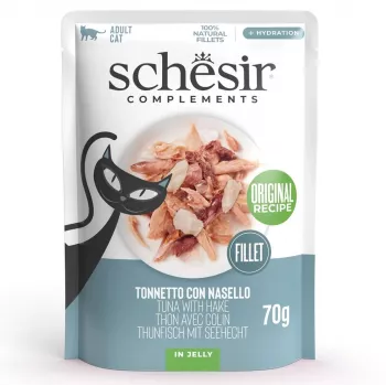 Comida húmeda para gatos Agras Pet Foods SCHESIR atún con merluza en gelatina, 70 g, sin cereales, sin soja ni gluten