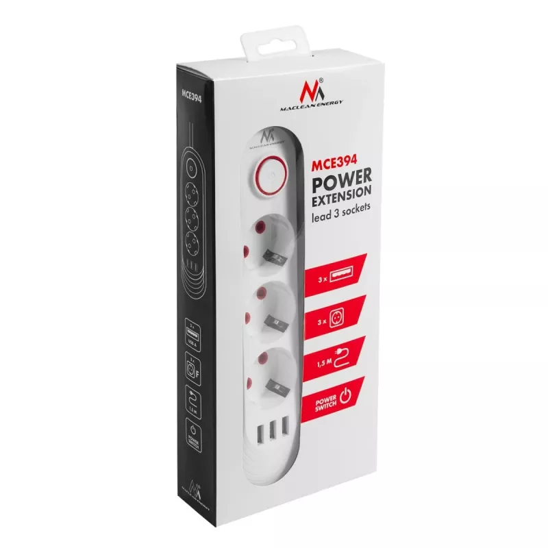 Regleta de enchufes MACLEAN MCE394W — 3 enchufes, 3×USB 2,1A, 110–240V AC, 2500W, cable de 1,5 m, blanca
