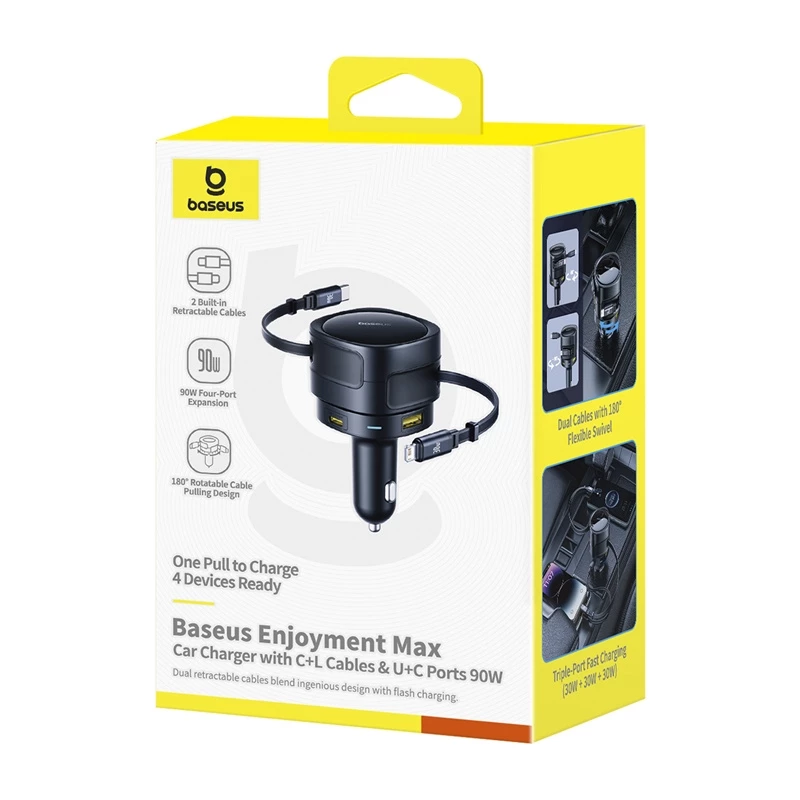 Cargador de coche Baseus Enjoyment Max 90W con conectores USB-C, Lightning y USB-A