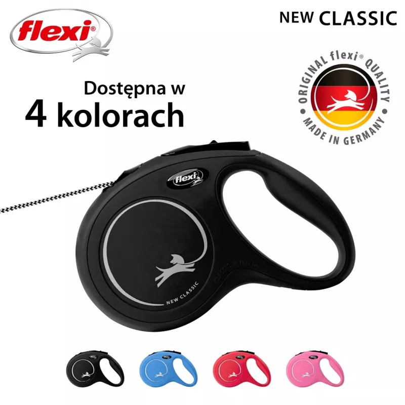 Correa retráctil Flexi Classic 5 m negra para perros medianos, cordón, carga máx. 20 kg, elementos reflectantes