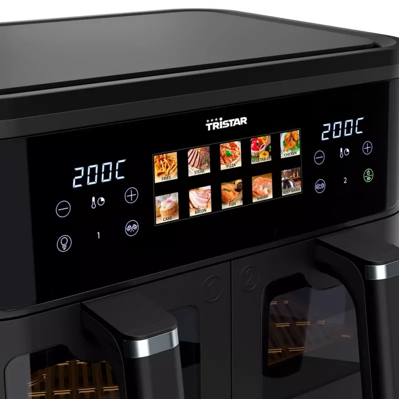 Freidora de aire Tristar FR-9075 doble 9 L, 2500 W, control táctil, LCD, negra, 60 °C mín