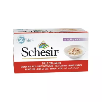 SCHESIR filetes de pollo con pato en caldo - alimento húmedo para gatos - 6x50g