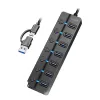 Hub USB 3.2 Gen 1, 7 puertos con interruptor encendido/apagado, negro