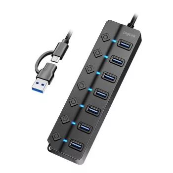 Hub USB 3.2 Gen 1, 7 puertos con interruptor encendido/apagado, negro
