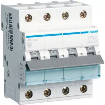 Hager MBN632. Corriente nominal: 32 A. Tipo: curva B, número de módulos (máx.): 4 módulos. Ancho: 70 mm, profundidad: 70 mm, altura: 83 mm (MBN632)